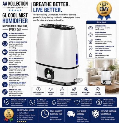 Everlasting Comfort 6L Ultrasonic Cool Mist Humidifier Filterless, Essential oil