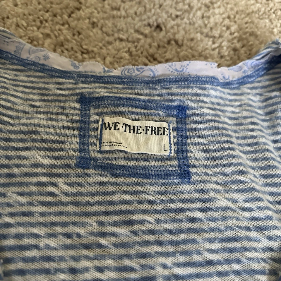 Camiseta sin mangas Free People We The Free para mujer L Love Language Henley azul a rayas Foto 3 de 4