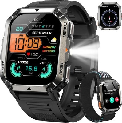Smartwatch Herren mit 900mAh, Bluetooth-Anrufe/Kompass/LED-Beleuchtung Sportuhr