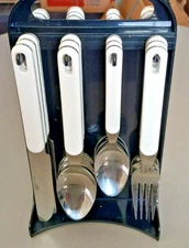 Stainless Taiwan White Handle Flatware Silverware With Rack 24 Piece Set
