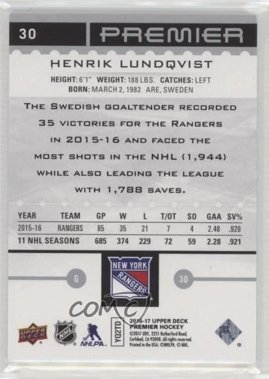 2016-17 Upper Deck Premier /399 Henrik Lundqvist #30 HOF - Image 2 of 2