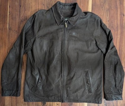 Eddie Bauer Leather Jacket Mens XL Tall Brown Full Zip Bomber