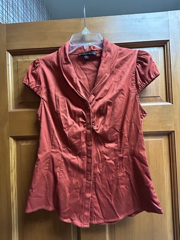 Antonio Melani Blouse Shirt Orange Button Front Cap Sleeve Cotton Small Posh