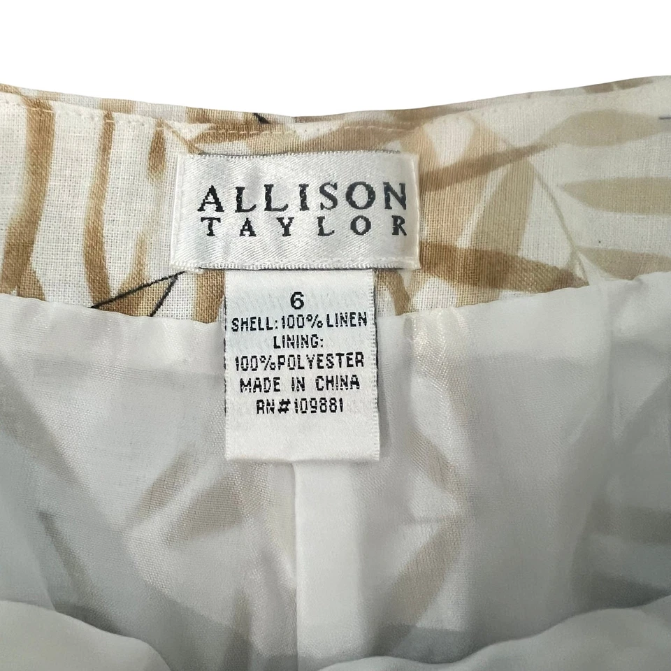 Pantalones capri Allison Taylor 100 % lino tiro alto blanco tostado hoja tropical palma 6 Foto 3 de 4