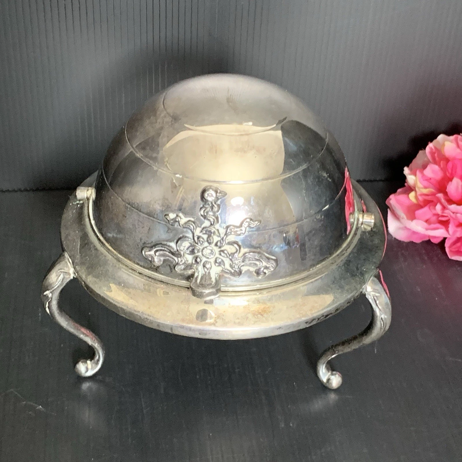 Silver on Copper - VTG Roll Top Dome Butter Server Dish with Glass Plate