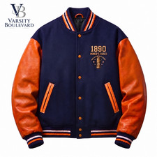 Navy Blue Wool Blend Orange Leather Varsity Jacket Embroidered Letterman Unisex