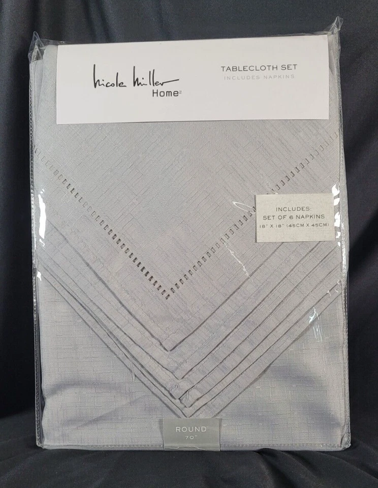 Nicole Miller 70" Round Tablecloth & 6 Napkins Set, Gray, Seats 4-6 SHIPS FREE! - Image 3 of 4