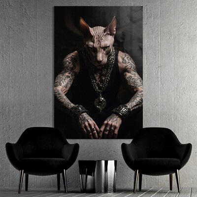 Wandbild - Punk Rock Kitty Sphynx-Katze, Tattoo, Acrylglas, Leinwand, Poster