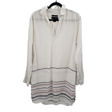 Tahari Medium Striped Shift Dress Collared V Neck Long Sleeve 100% Linenn