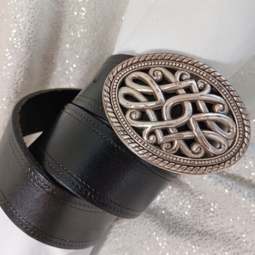 90s Silver Tone Belt Buckle Oval Celtic Nordic Medieval Whimsigoth Fits 30"