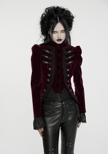 Punk Rave Women Black Red Retro Gothic Punk Lace Appliqued Velvet Short Coat - Picture 25 of 25