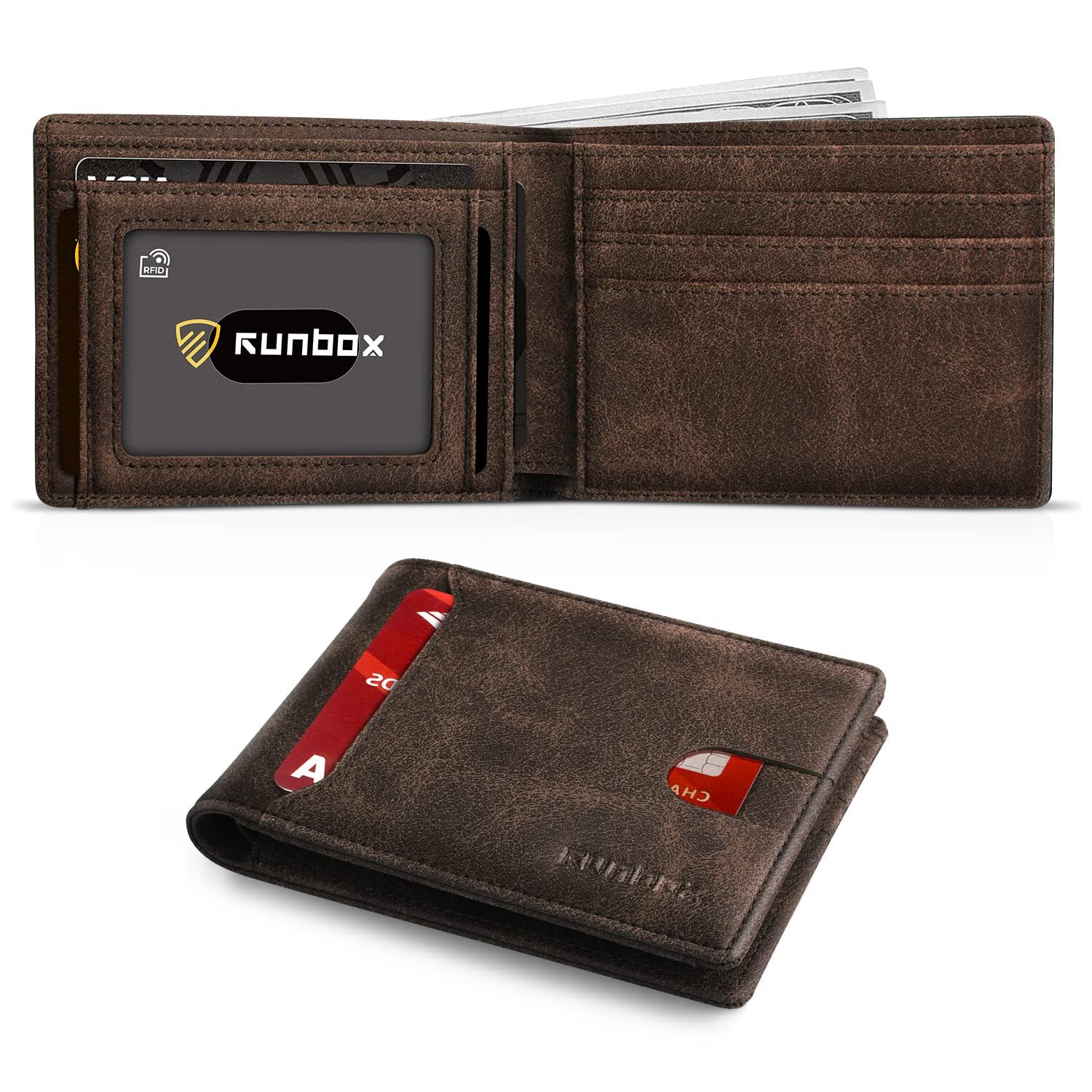 Slim RFID Blocking Leather Bifold Wallet for Men with Gift Box Brown  