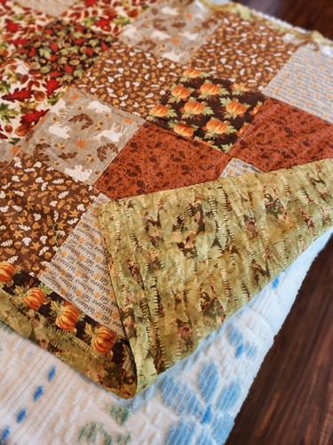 Vintage Handmade Patchwork Welcome Fall Brown Orange Curtain Fabric 38" x 62" - Picture 4 of 8