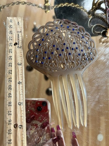 Antique 1920s Celluloid Lucite Victorian Hair Comb Blue Rhinestones Accessory - Picture 12 of 16