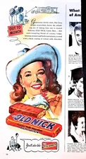 Original 1948 Old Nick Candy Ad: Out to munch, cowgirl, celebrity, Bit-o-Honey