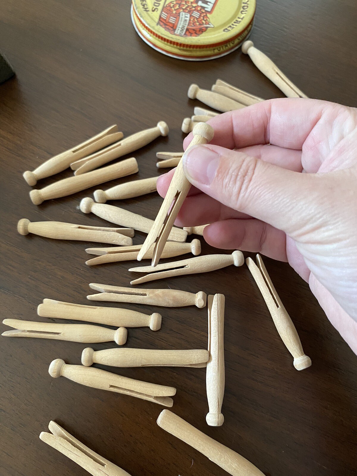 LA Nut Jar Of Vintage Antique Round Clothespin Wooden Clothes Pin Lot