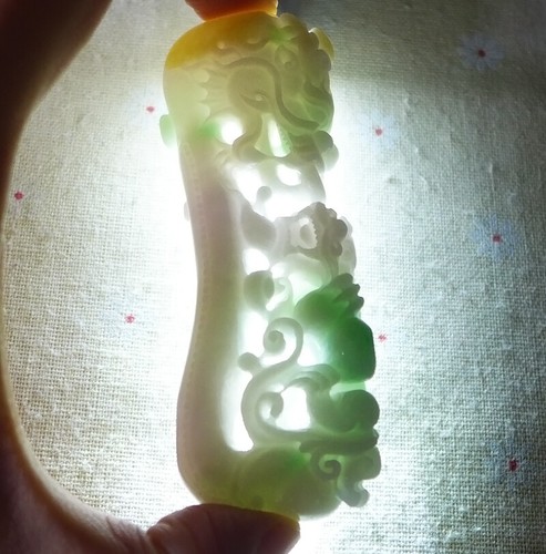Fine Natural A Yellow Green Jadeite Jade Hollowed Dragon Pixiu Hook Pendant 6803 - Picture 8 of 9