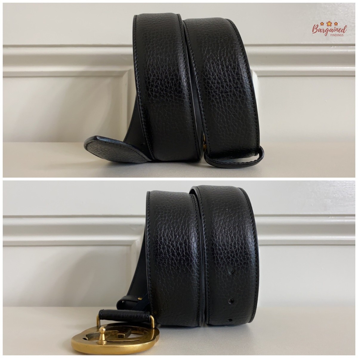 ?Authentic Gucci Black Pebbled Calfskin Leather Gold Double G Buckle Belt Authentic Gucci Black Smooth Calfskin Leather Gold Double G  main image 4