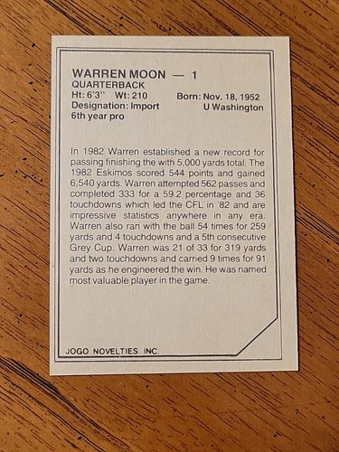 1983 JOGO Warren Moon CFL Quarterbacks NMNT - Picture 9 of 9