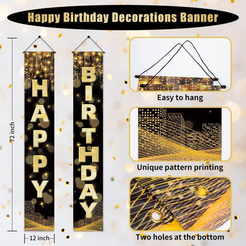 Happy Birthday Decorations Banner for Men Women Boys Girls, Black Gold Birthday - Picture 4 of 6