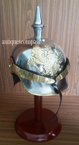 COLLECTABLE GERMAN PRUSSIAN OFFICER'S IRON PICKELHAUBE HELMET FREE WOODEN STAND - Photo 1/6