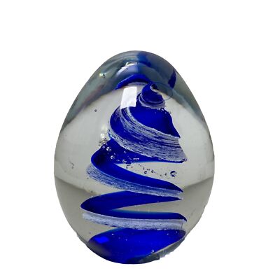 Art Glass Blue Spiral Swirl Oval Small Egg Shaped Paperweight 3 