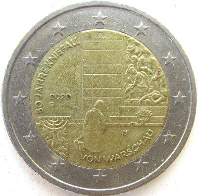 Germany Coin, 2 Euro 2020, Willy Brandt Kneeling Warsaw Ghetto Uprising Memorial