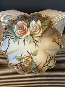 Antique Moriage’ Nippon Footed Ruffled Bowl • Gold Trim, Large Pink, Yellow Rose
