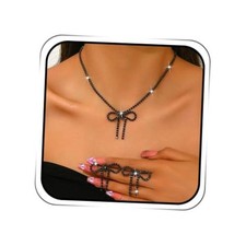 Rhinestone Bow Jewelry Set Bowknot Necklace Earrings Set for Women 2-Black
