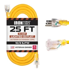 25 Foot Lighted Outdoor Extension Cord - Yellow 10 Gauge 3 Prong Grounded Plug