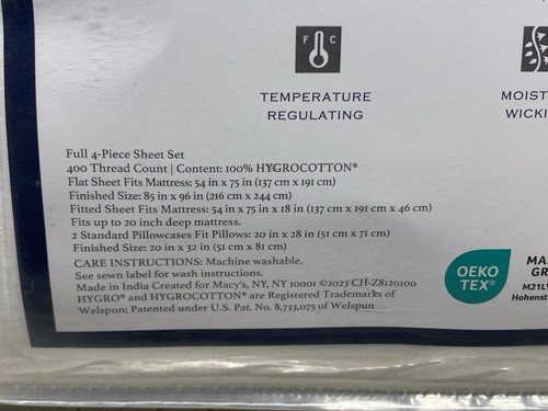Charter Club Sleep Cool 400 TC Hygro Cotton Full 4pc Sheet Set White New - Picture 4 of 5