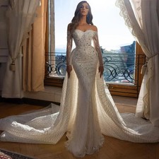 Mermaid Wedding Dress Off Shoulder Crystal Detachable Train Satin Lace Ball Gown