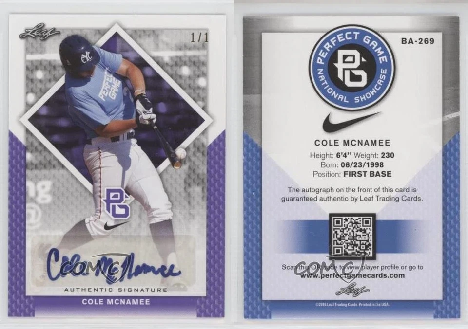 2016 Leaf Perfect Game National Showcase Purple 1/1 Cole McNamee Auto 1i9 - Image 3 of 3