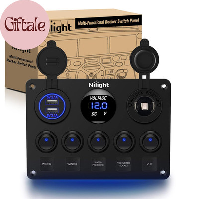 90101E 5Gang Multi-Function 5 Gang Rocker Dual USB Charger + Digital Volmeter +1