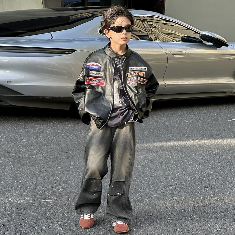 Черный цвет искусственной кожи мальчиков kids кроличьего PU куртка - Изображение 4 из 4