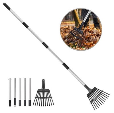 Small Leaf Rake with 11 Metal Tines 33-68 Inch Rake for Leaves 9 Wide