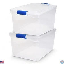 66 Quart Clear Plastic Storage Bins 2-Pack with Latching Blue Lids, Stackable