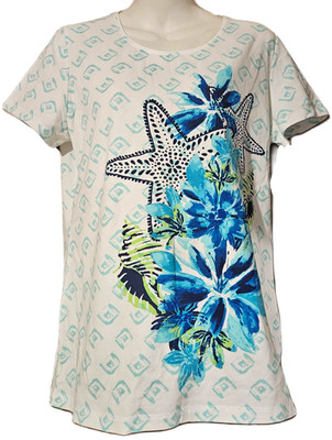 KIM ROGERS White Tropical Seashell Floral Shirt Top Size M Short Sleeve