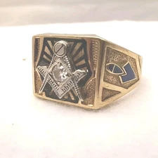 Diamond Masonic Ring 10k Gold Vintage Square Compass Plumb Trowel Blue Lodge