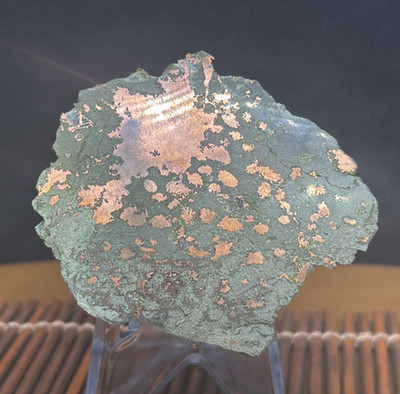Eye-catching copper & epidote in polished greenstone- Central Mine, Keweenaw, MI