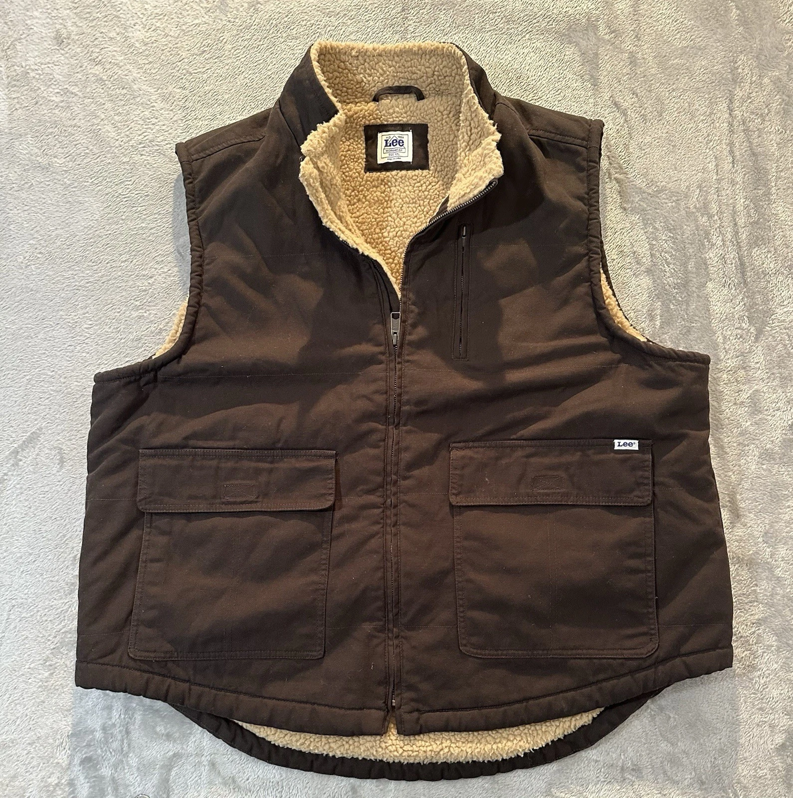 Lee Workwear Vest Men Size XXL Tobacco Brown Duck Canvas Sherpa Lining Zip Front