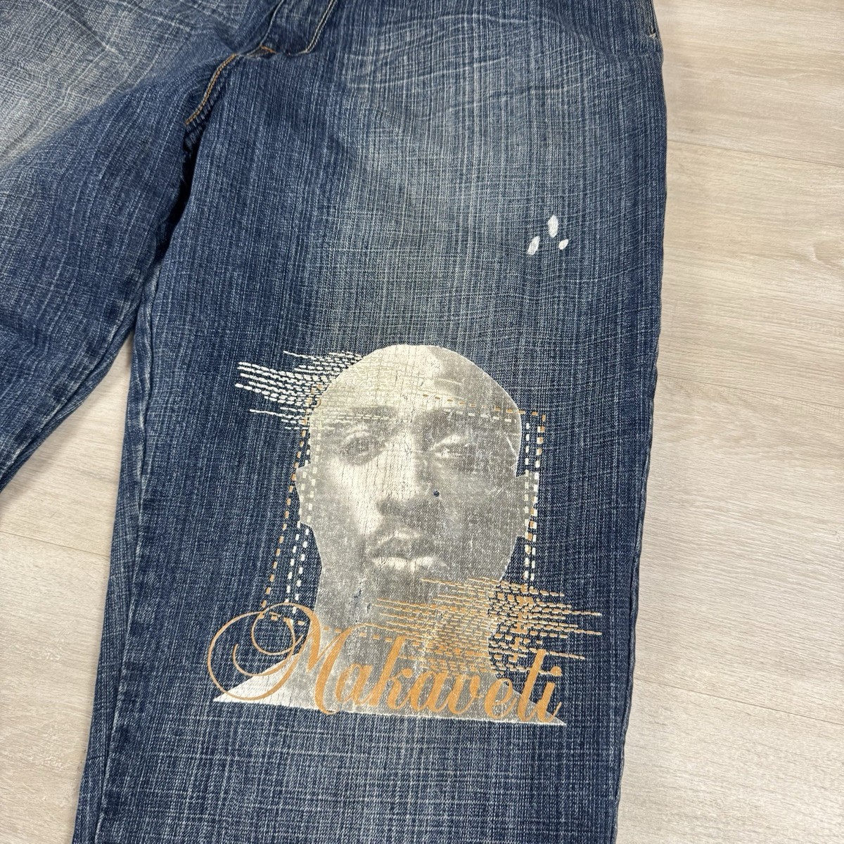 Vintage Y2k Makaveli Tupac Denim Jeans Baggy Skater Grunge Hiphop