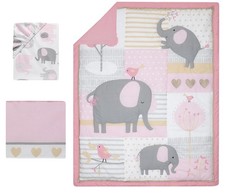 Bedtime Originals Eloise 3Pc Crib Bedding Set Elephant Bird Pink Gray Gold White