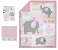 Bedtime Originals Eloise 3Pc Crib Bedding Set Elephant Bird Pink Gray Gold White
