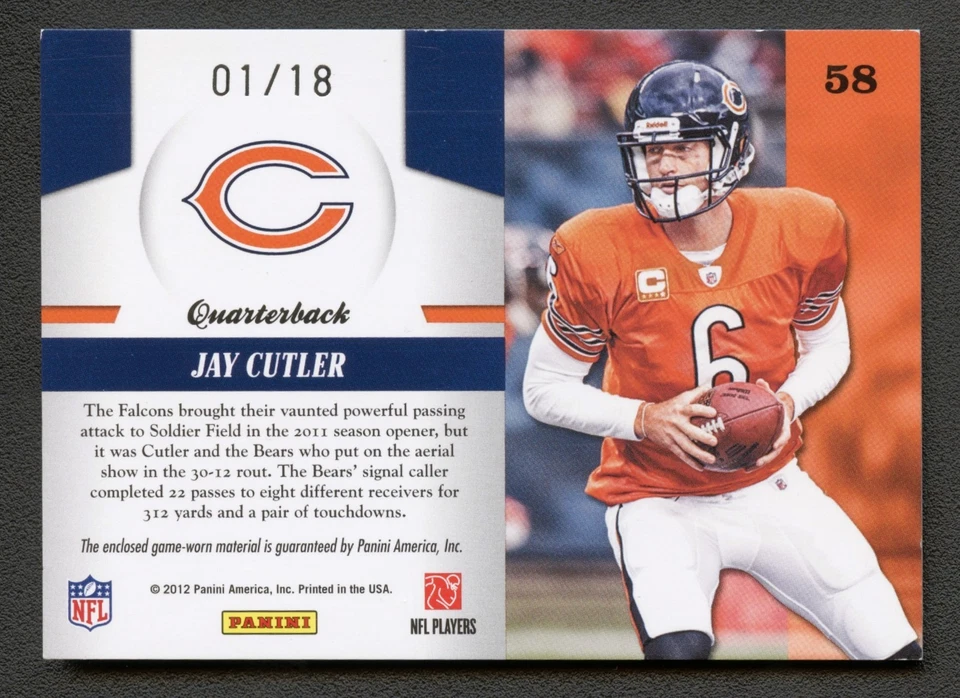 JAY CUTLER 2011 PIEZA DEL JUEGO ETIQUETA DE LAVANDERÍA PARCHE GU #1/18 totalmente certificado Foto 2 de 2