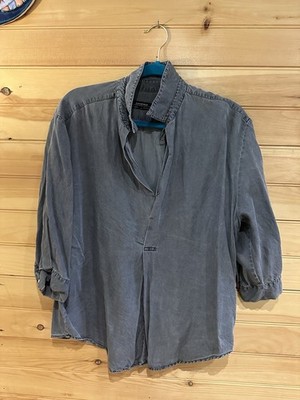 ZARA WOMAN Denim Button-Up Collared Shirt Gray Roll Tab 3/4 Sleeve Size M
