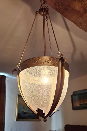 Antigua linterna colgante de techo estilo Luis XV rococó dorado y vidrio - Imagen 4 de 6