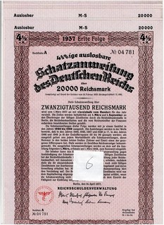 Dealers' Lot 6 Deutsches Reich Berlin 1937 Treasury bill 20.000 Reichsmark