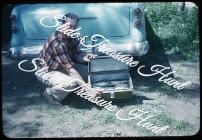 Man Showing Fish Cooler Car Washington 35mm Slide 1950s Red Border Kodachrome