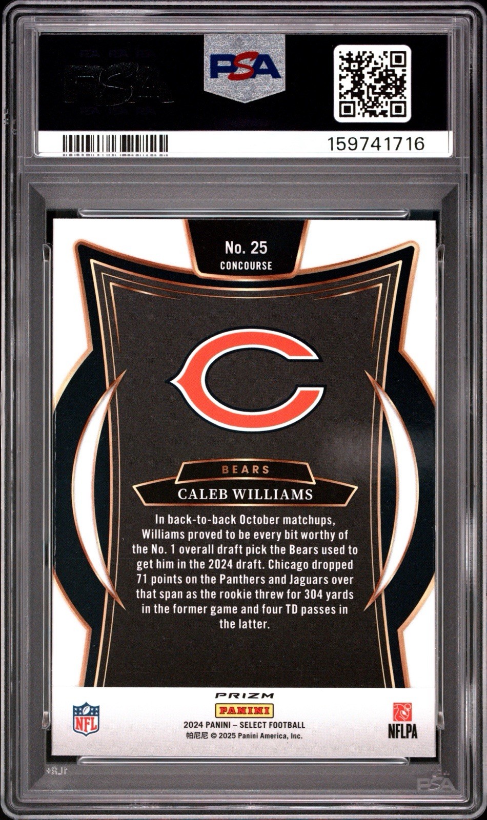 Panini 2024 Select Concourse Caleb Williams B&R Shock Prizm #25 PSA 10 RC view 2